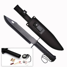 14.5" Black Survival Knife with survival kit in handle